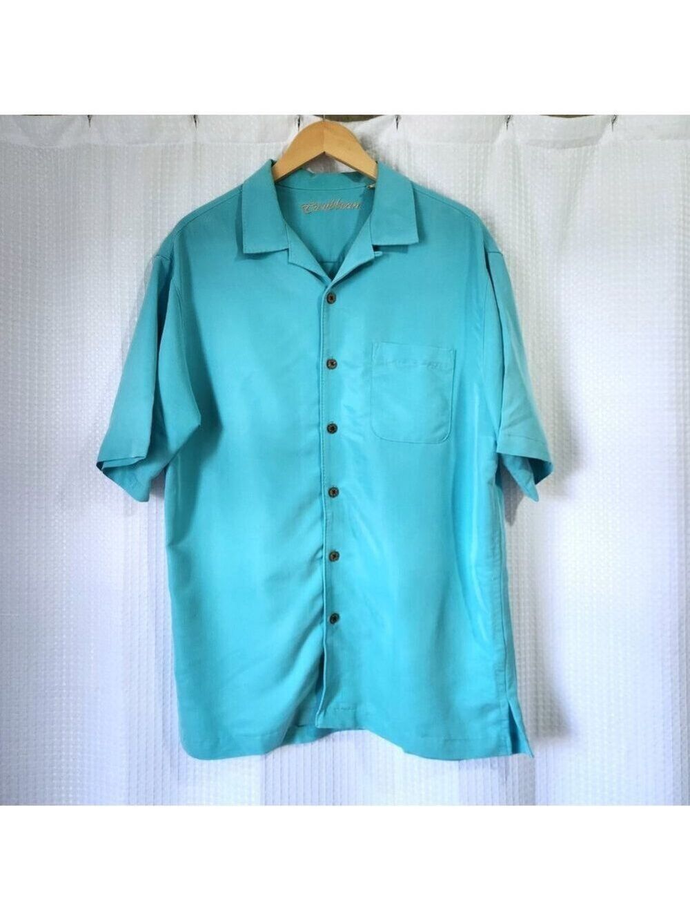 Caribbean Modal Blend Button Up Shirt Mens Large Blue Short Sleeve Casual Top